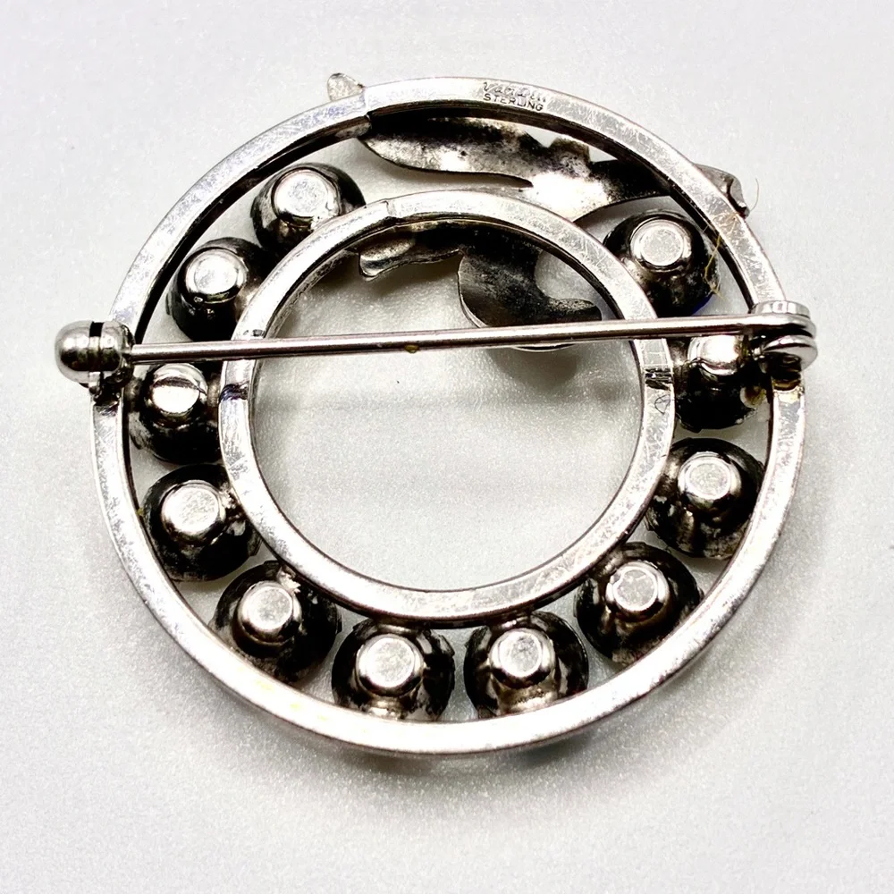 Vintage Circular Brooch in Silver Tone with Colored Rhinestones  1.25 Inch Diam.